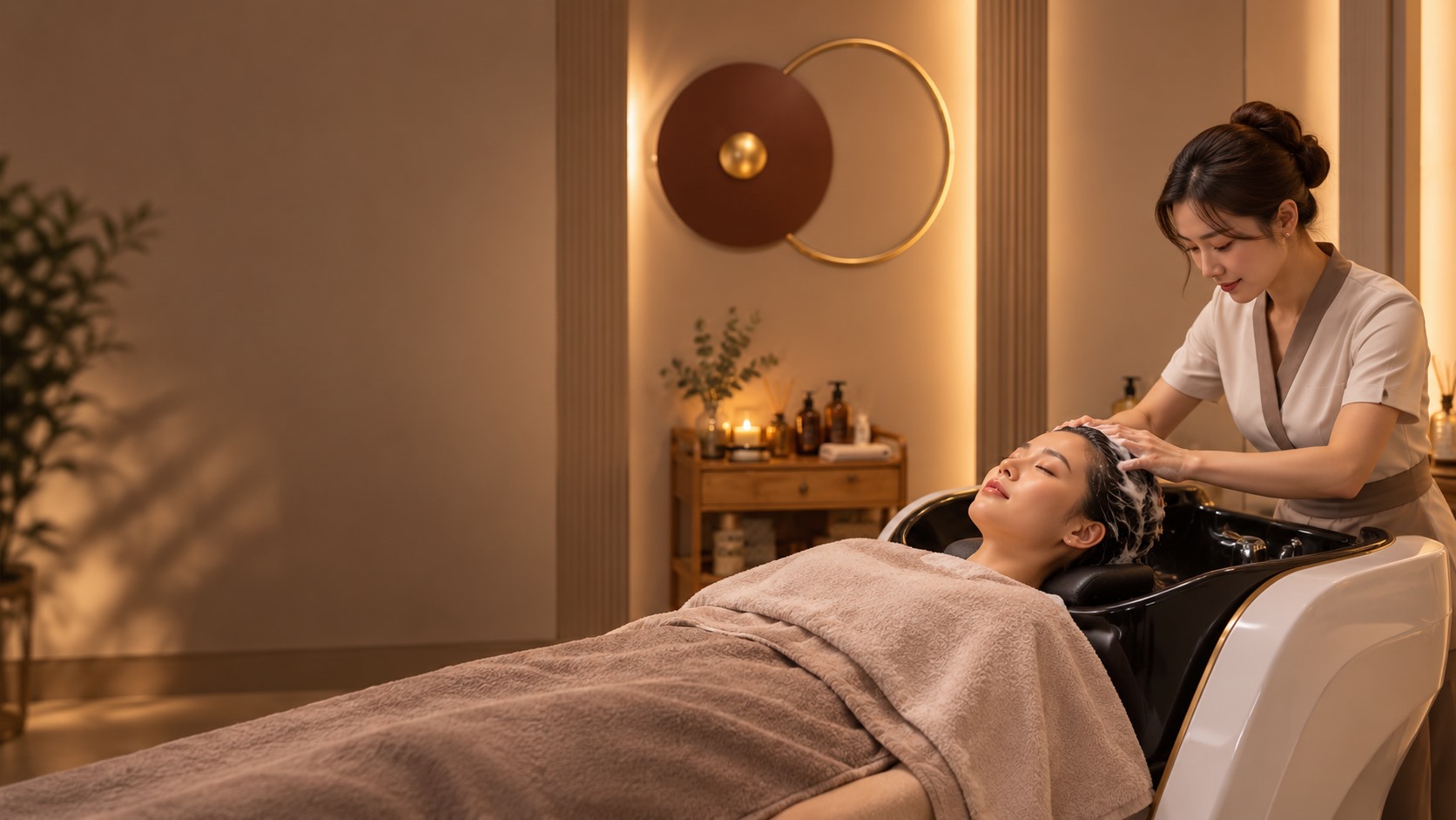A relaxing scalp treatment in a warm modern head spa